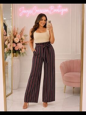 New Look Navy Wide-Leg Paperbag Tie Pants with Red & White Stripes